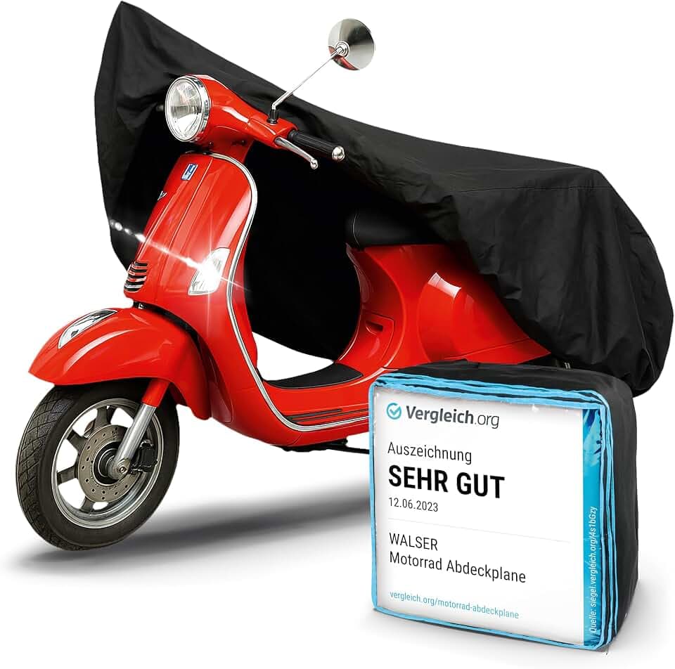 WALSER Premium Motorrad Abdeckplane S, Auszeichnung Sehr Gut* Abdeckplane wasserdicht, Vespa Abdeckplane aus PVC, Outdoor Motorrad Plane, Zubehör, schwarz 185x90x110 cm