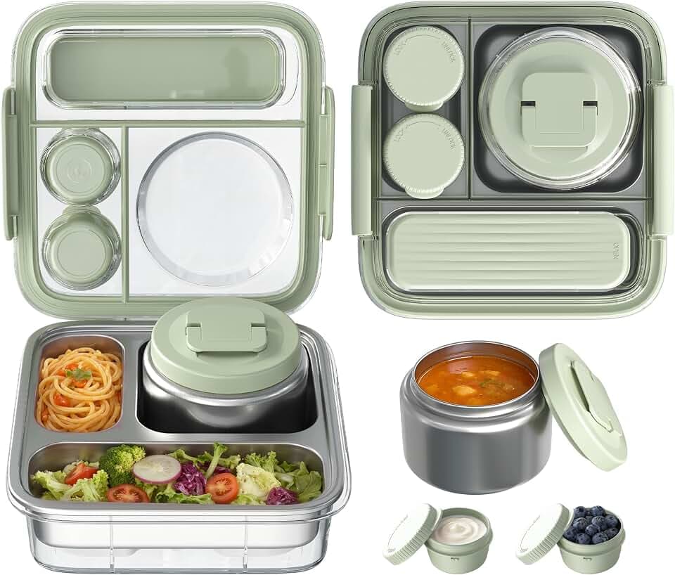 Stainless Steel Bento Lunch Box for Kids Adults with 8oz Insulated Food Jar, Leak-proof, Dishwasher-Safe, Transparent Lid with Sauce Cup and Cutlery Storage for School & Travel,BPA-Free(Green)