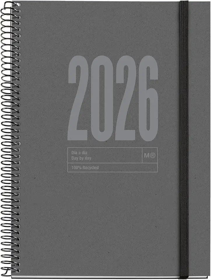 Miquelrius Nachhaltiger Tagesplaner 2026, ähnlich A5+ (155 x 213 mm), Tagesplaner, Einband aus recyceltem Karton, 100 g/m² Recyclingpapier, Gummiverschluss, CAT-EN-PT, Graphit