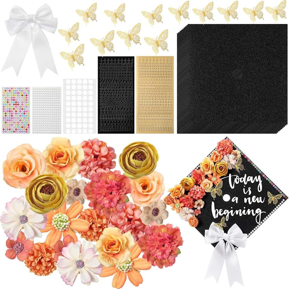 Gilprop 56 Pcs Graduation Cap Decorations, Flowers Butterflies Bow, Black