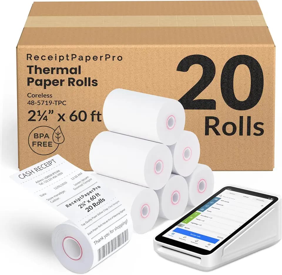 2 1/4” x 60 ft Coreless Thermal Paper Receipt Rolls for Square Terminal, 20 Rolls