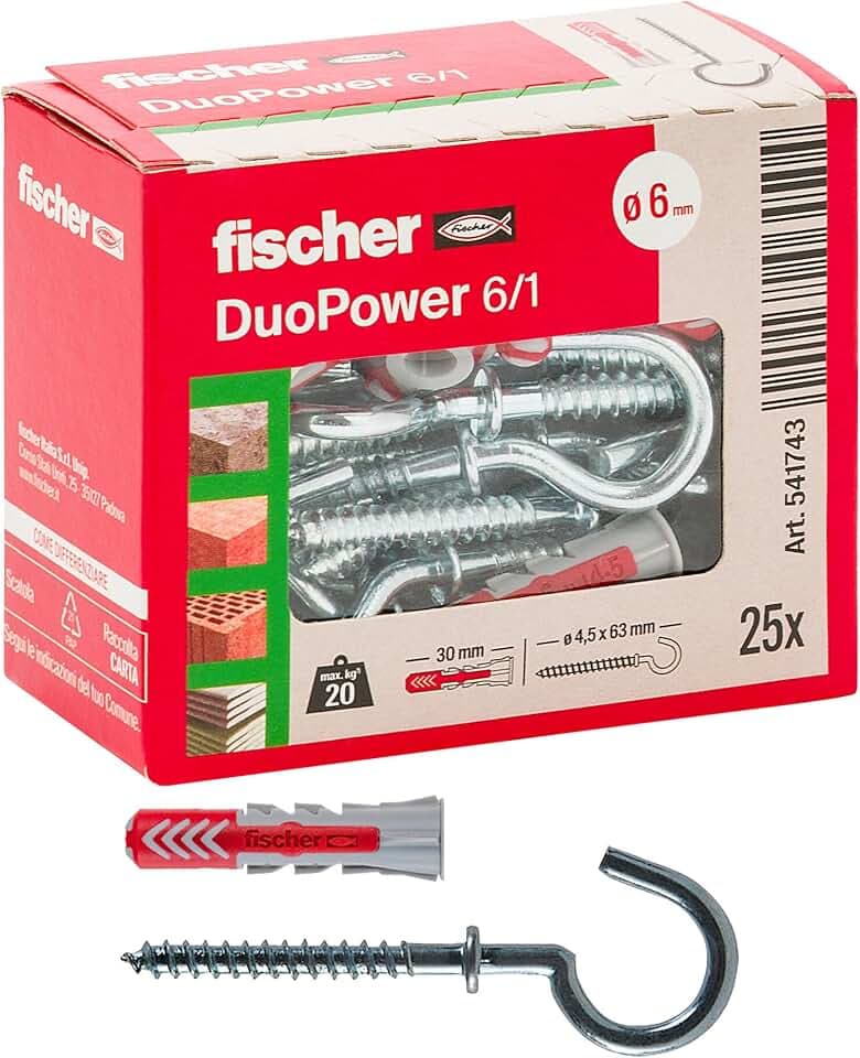 Fischer 541743 Dübel mit Occhiolo offen DUOPOWER, grau/rot, 6 x 30 mm, Set von 25 Stück