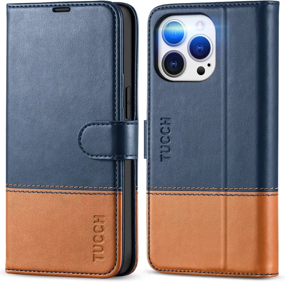TUCCH Case Wallet for iPhone 13 Pro 6.1", RFID Blocking Folio, Blue & Brown
