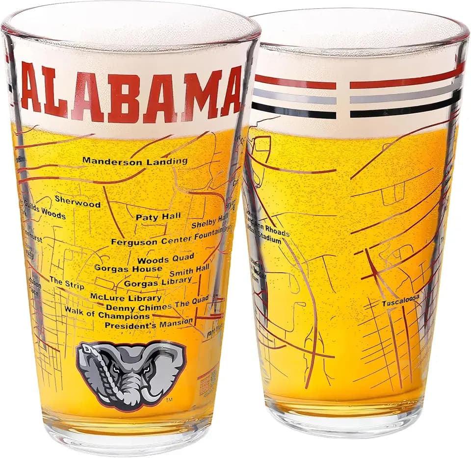 Greenline Goods – University of Alabama Crimson Tide College Pint Beer Glasses (Set of 2), 16 oz – Full-Color Logo + Campus Map