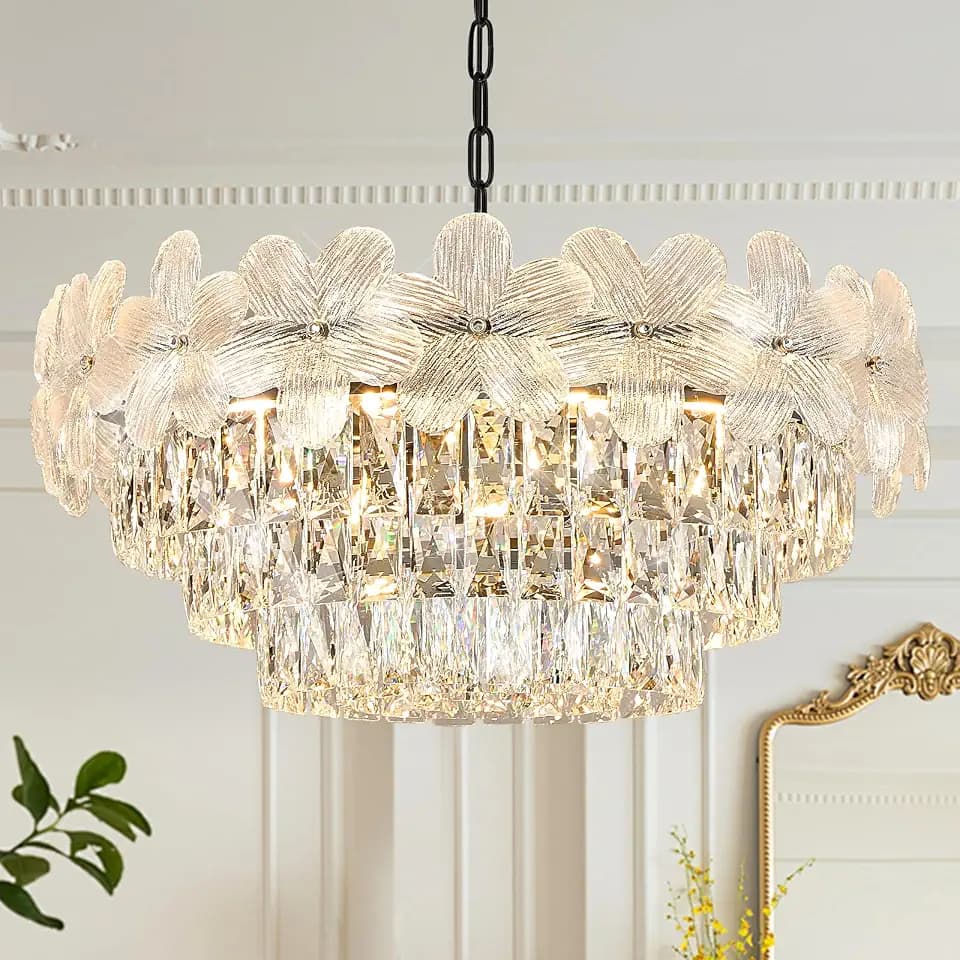 11 Lights Modern Crystal Chandelier 24" 6-Tier Black Luxury Flower Chandelier Light Fixture for Living Dining Room Kitchen Entryway Bedroom Foyer, E12