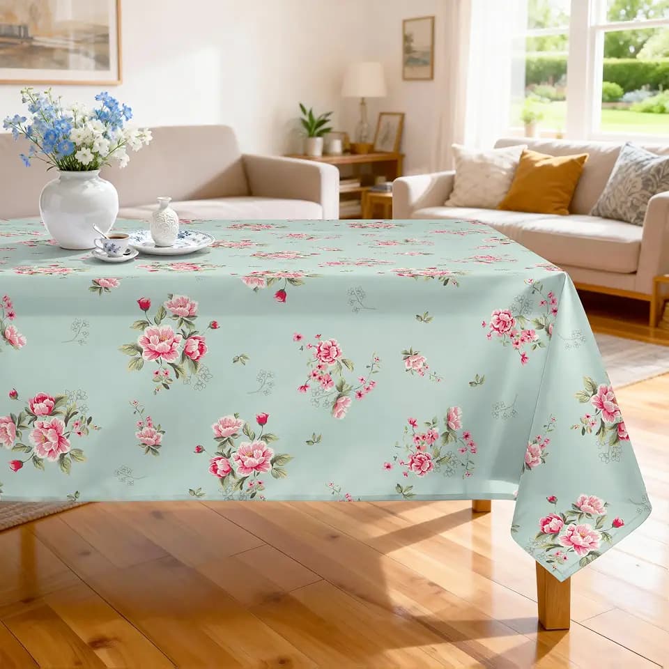 Pink Floral Tablecloth 60 x 84 Inch Rectangular, Sage Green