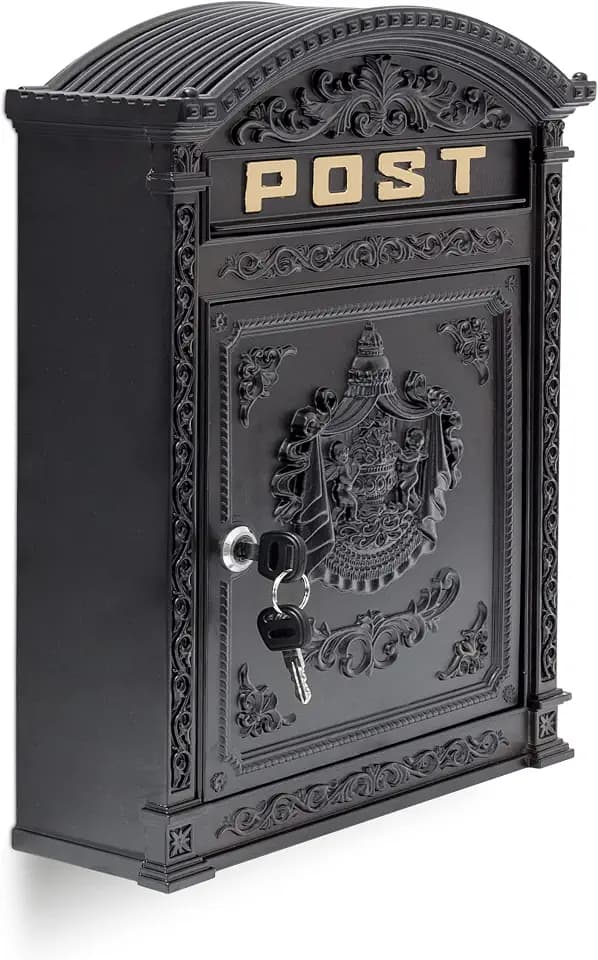 Relaxdays Briefkasten Antik Englischer Wandbriefkasten aus Aluguss mit breitem Briefschlitz für DIN A4 Umschläge HBT: 44,5 x 31 x 9,5 cm nostalgischer Postkasten mit rundem Dach, schwarz