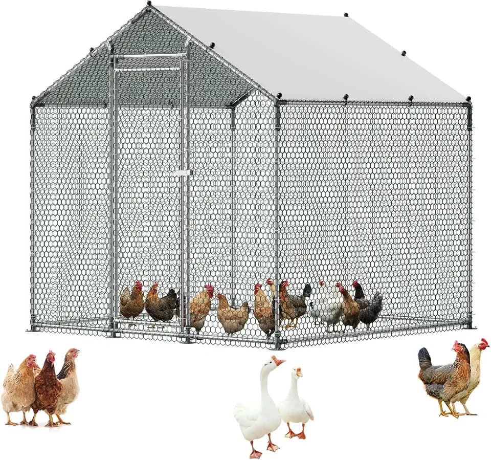 VEVOR Metal Chicken Coop, 6.56x6.56x6.56ft Large Walk-in Chicken Run with Cover, Spire Roof Hen House Enclosure with Security Lock, Outdoor Duck Rabbit Cage, Poultry Pen for Backyard, Farm, Yard
