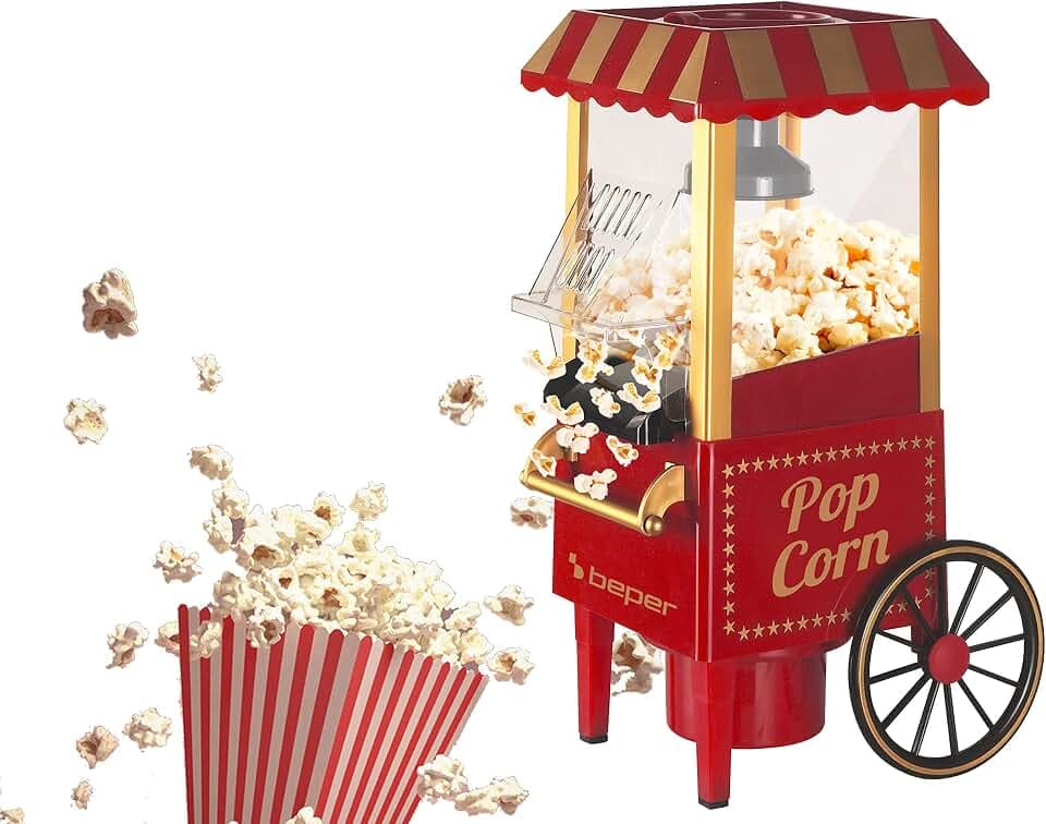 BEPER BT.651Y Popcornmaschine, Popcorn in 3 Minuten, fettfrei, Heißluftumwälzung, ölfrei 1200 W, Rot/Gold
