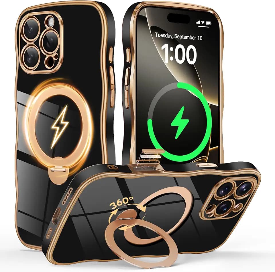 GolbinBox for iPhone 16 Pro Max Case with Magnetic Ring Stand and Wavy Edge