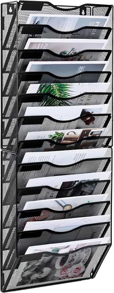 Zeitungshalter Wand mit 12 Fächern Metall Zeitungsständer Hängeregister Wandablagefächer A4 Papier Dokumentenablage Büro Schule Ablage Organizer, Schwarz