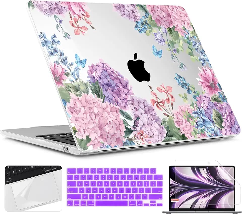 TWOLSKOO for MacBook Air 13 inch Case M5 2026 M4 2025 M3 M2 2024-2022 A3449 A3240 A3113 A2681, Plastic Hard Shell & Keyboard Cover & Screen Film for MacBook Air 13.6 inch Case, Colorful Hydrangea