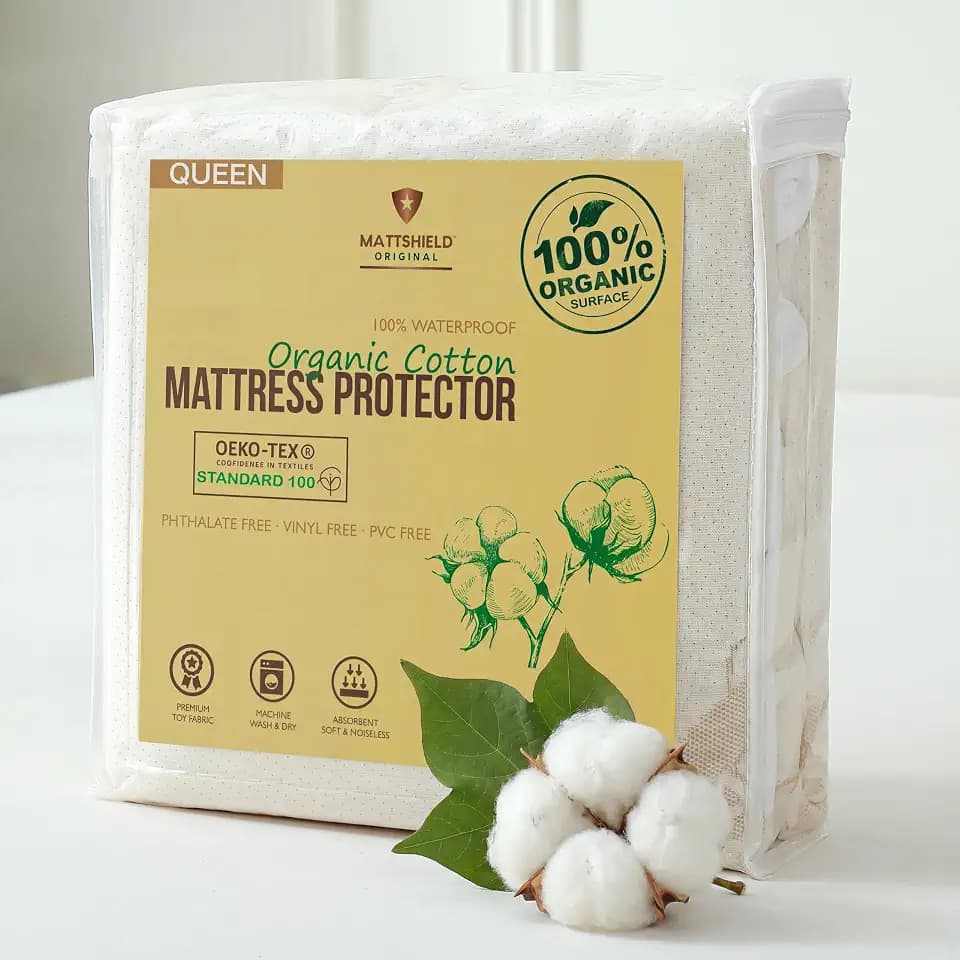 Waterproof Organic Mattress Protector Queen Size – Premium Soft Organic Cotton Surface Mattress Cover – Noiseless & Breathable 250 GSM Mattress Pad – Deep Pocket Fitted Design
