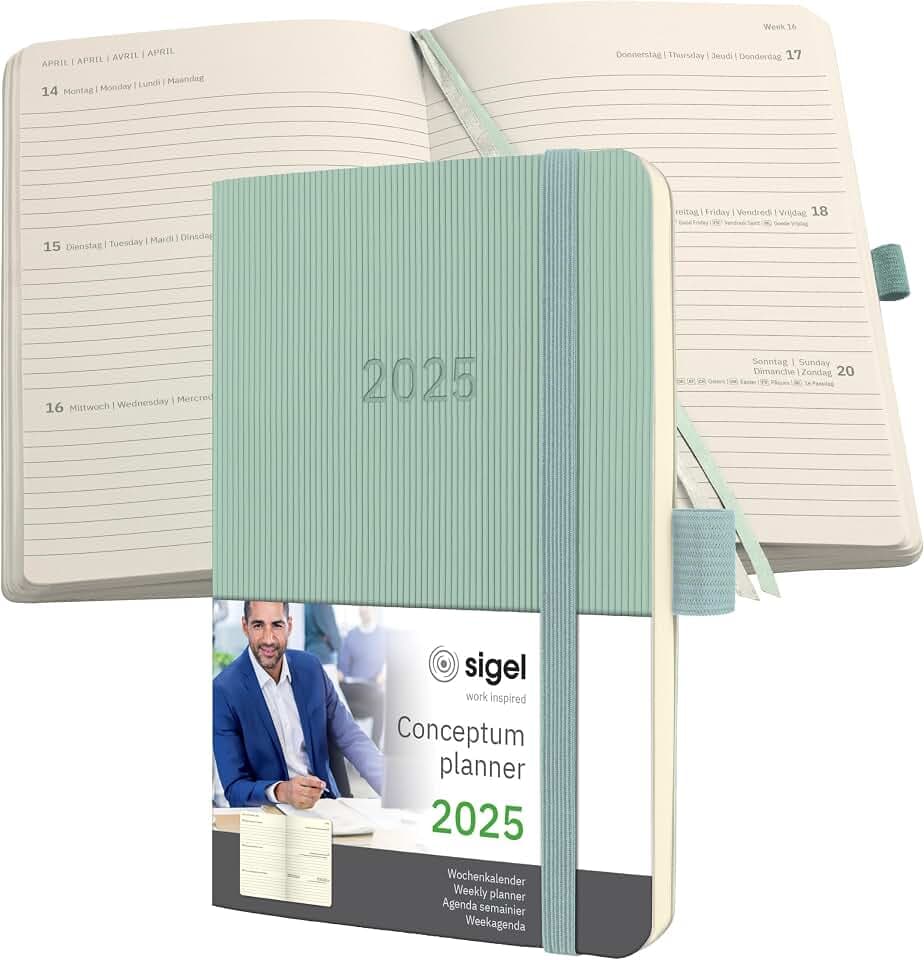 SIGEL C2539 Wochenplaner Wochenkalender 2025, ca. A6, grün, Softcover, 176 Seiten, Gummiband, Stiftschlaufe, Archivtasche, aus nachhaltigem Papier, Conceptum