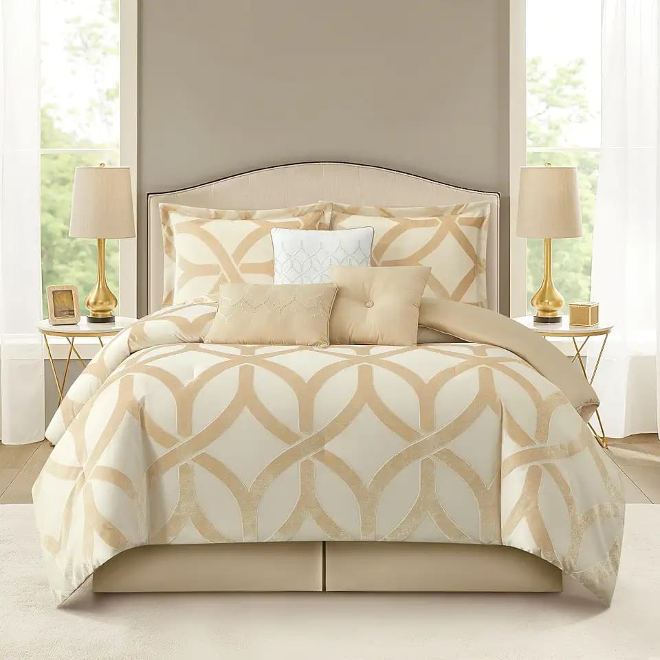 Stratford Park Gold Comforter Set Queen, Polyester Geometric 7 Piece Bedding, Jacquard with Matching Solid Microfiber Piece Work, All Season Bedding Sets, Matching Bedskirt, Pillow Shams
