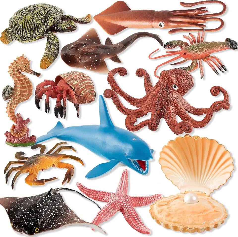 HYAKIDS Ocean Sea Animal Toys, 12 Pack Big Soft Plastic Animal Toy Set