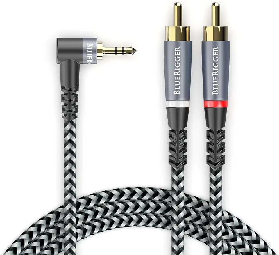BlueRigger 3.5mm Aux to 2RCA Audio Cable (10FT, 90D Stereo Splitter Y 2RCA Male, Braided, 1/8" RightAngled TRS to RCA, Hi-Fi Sound, Metal Shell) - for Phones, Amplifiers, Tablets, Home Theater, HDTV