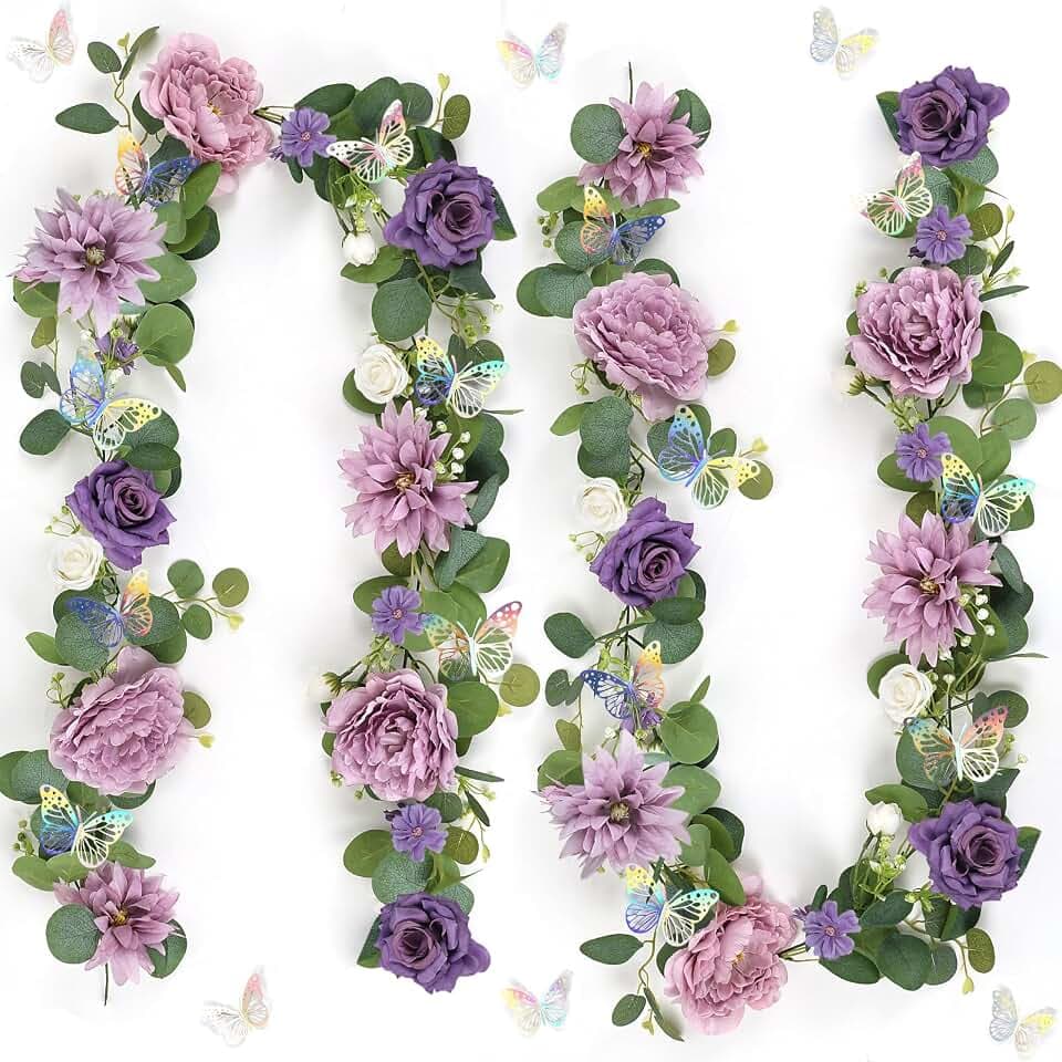 12FT Artificial Eucalyptus Flower Garland with Butterflies - Pack of 2 Fake Rose Garland Faux Greenery Eucalyptus Garlands for Wedding Table Backdrop Centerpieces Decorations - Light Purple & Purple