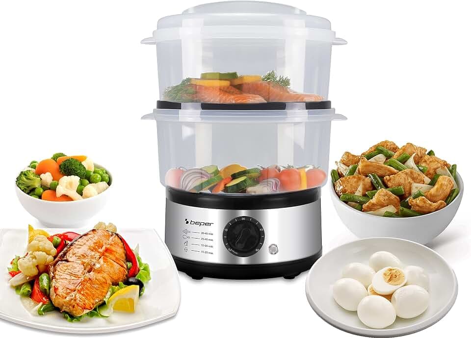 Beper - 5 L Multifunktionaler Dampfgarer, Kompaktspeicher, 60-Minuten-Timer, Leistung 400-500 W, - Silber und Schwarz