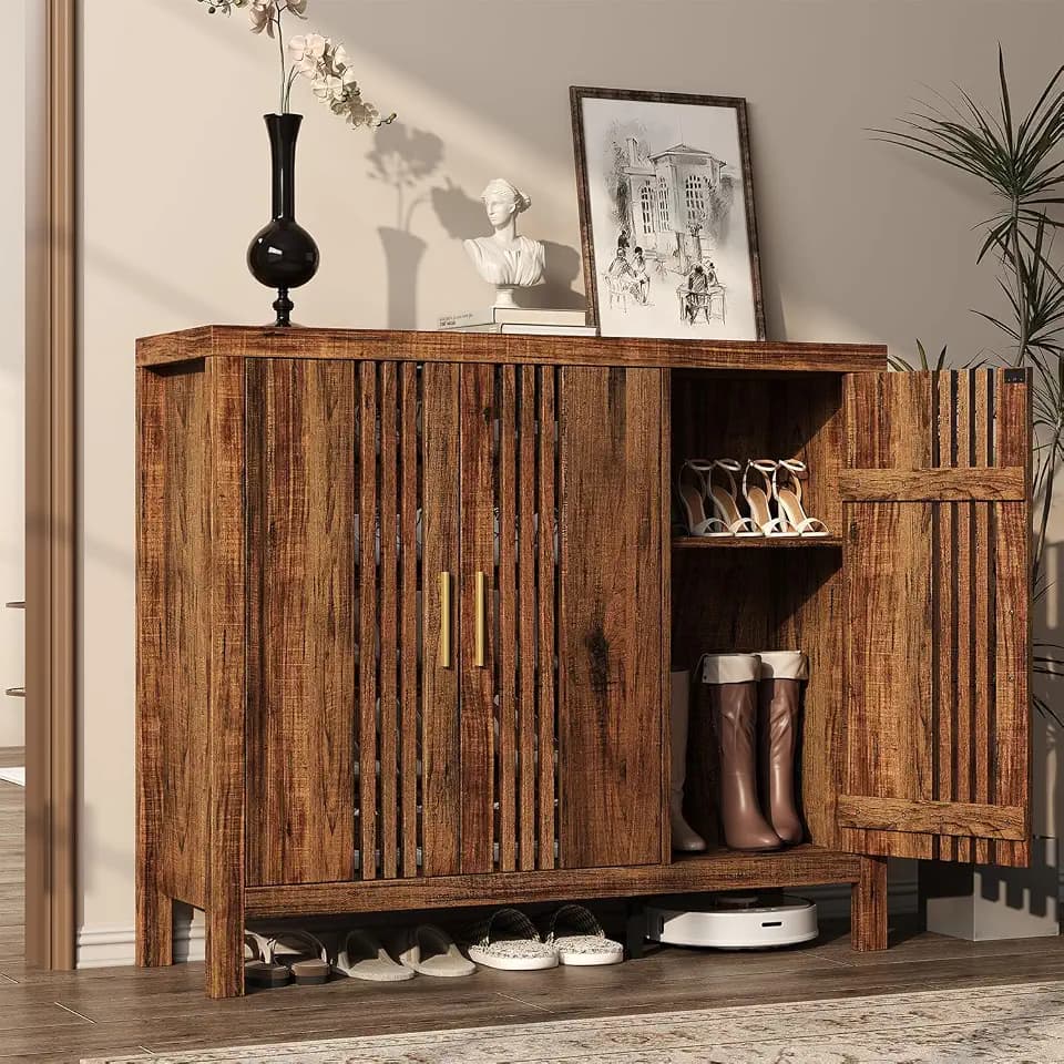 UNIQUITE Shoe Storage Cabinet with 3 Shutter Doors, 30 Pairs Shoe Cabinet with Adjustable Shelves, 5-Tier Large Shoe Rack Organizer for Entryway Hallway Living Room, Walnut