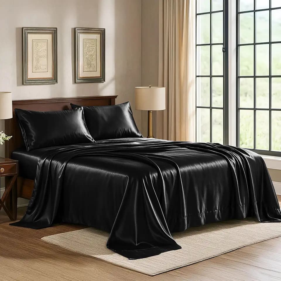 Pure Bedding Satin Sheets Queen [4-Piece, Black] Hotel Luxury Silky Bed Sheets - Extra Soft 1800 Microfiber Sheet Set, Wrinkle, Fade, Deep Pocket Fitted Sheet, Flat Sheet, Pillow Cases
