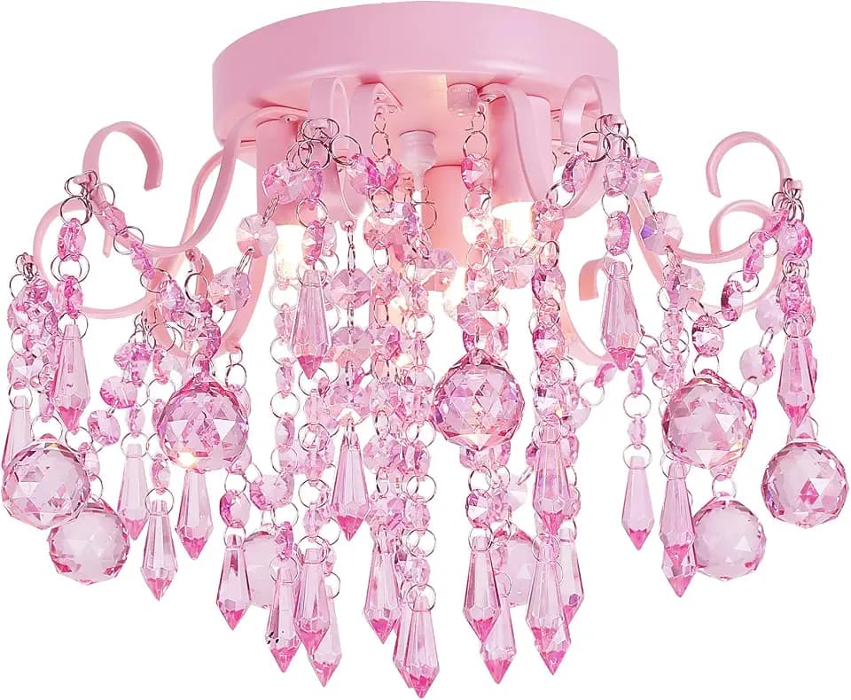 Q&S Mini Crystal Chandelier,Semi Flush Mount Pink Girl Chandelier, Small Crystal Ceiling Light Fixture Bedroom Bathroom Closet Nursery 3 Lights