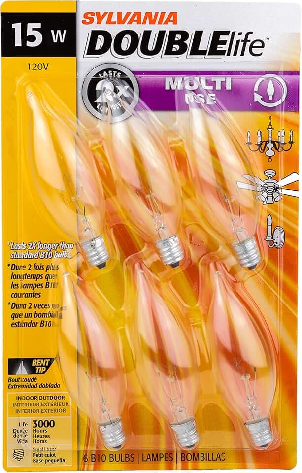 Sylvania Double Life Incandescent Light Bulb, B10, 15W, Candelabra Base, 65 Lumens, 3000K, Clear, Soft White - 6 Pack (15318)