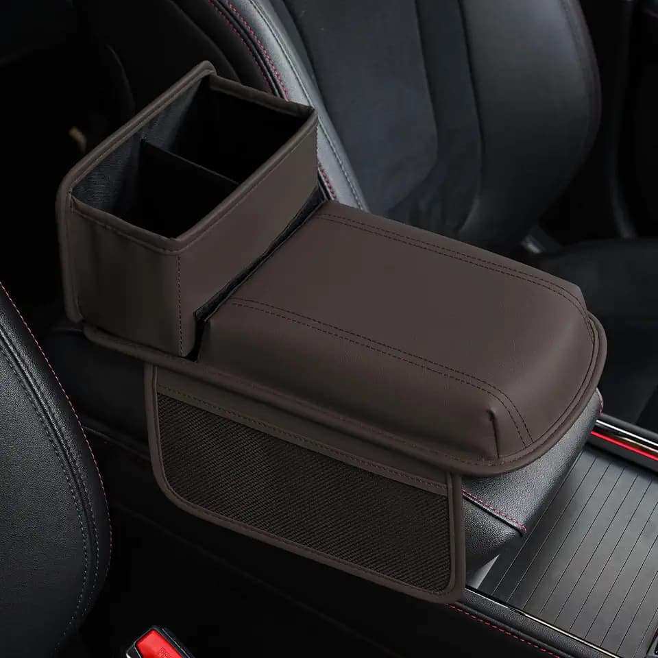 JEYODA Upgraded Car Armrest Cover,Premium Leather Car Armrest Cover Cushion with Storage Holder, Caddy for car (brown)