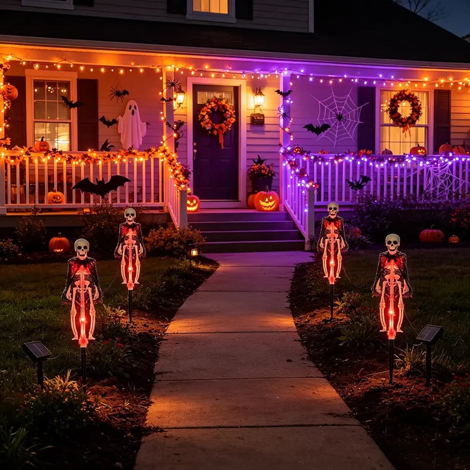 Halloween Decorations Outdoor Solar Garden Lights,2PCS of Set 3D Scary Skeleton Outside Decor,Solar Creepy Skull Path Lights for Grave/Yard/House/Halloween Party Gifts Decor (Orange)