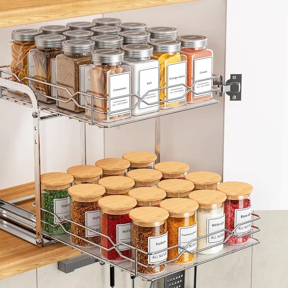 Gewürzregal Ausziehbar, 2 Etagen Rostfreier Gewürzregal Organizer, Oberen und Unteren Körbe können unabhängig Herausgezogen Werden, Höhenverstellbar für Schrank, B23.8*T26.4*H24CM