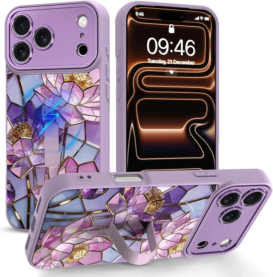 Cute for iPhone 17 Pro Case with Strap Stand, Purple Lotus