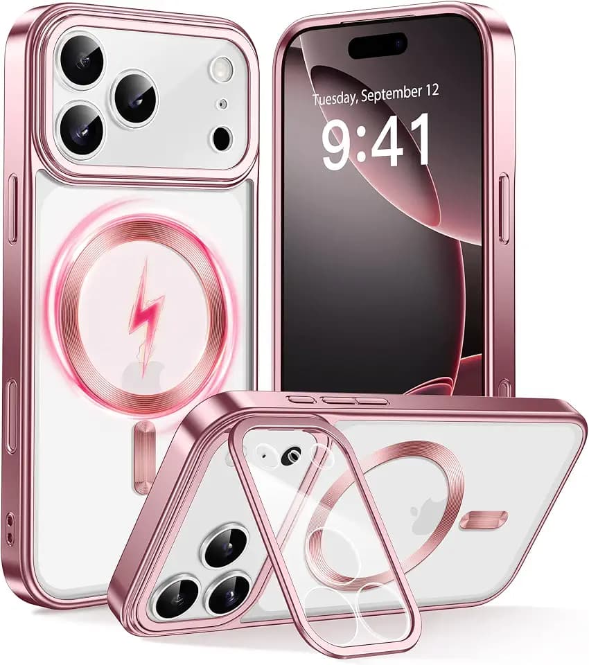 GolbinBox for iPhone 17 Pro Case with Stand, [Compatible with MagSafe] [Camera Control Button], Military-Grade Shockproof Protection, Plating Edge Phone Cover for iPhone 17 Pro 6.3 inches, Pink/Clear