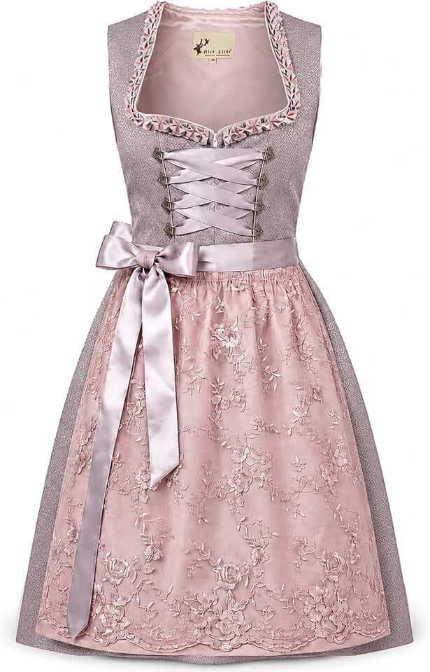 Alte Liebe Dirndl Damen – 2-TLG. Trachtenkleid Grau/Rosa – Edle Spitzen-Schürze & Taschen – Midi 60cm – Oktoberfest & Wiesn – Gr. 34-46