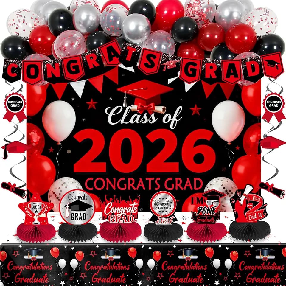 Red and Black Graduation Decorations 2026, Graduation Party Decorations with Congrats Grad Banner Class of 2026 Backdrop Balloons Honeycomb Centerpiece Tablecloth Hanging Swirls for Kindergarten