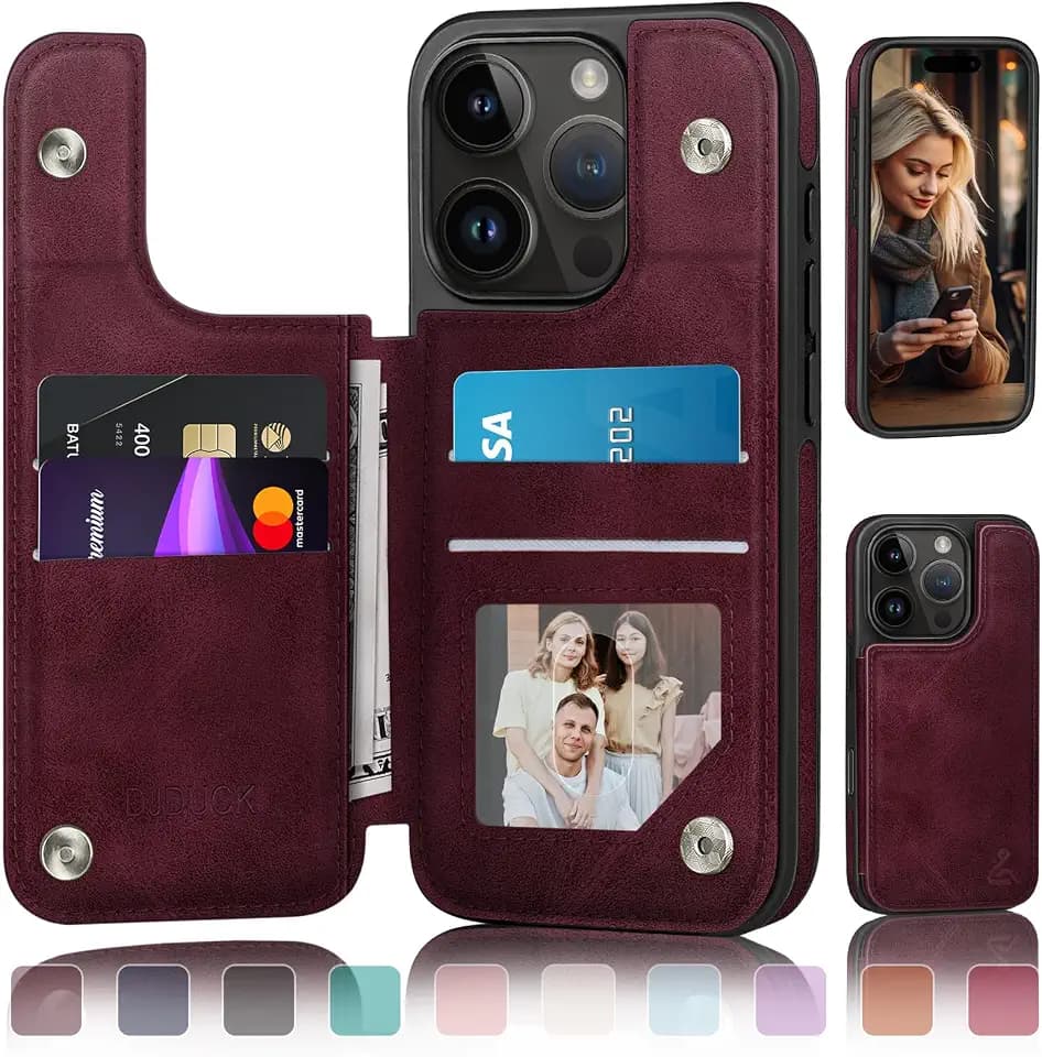 DJDUCK Designed for iPhone 16 Pro Case Wallet with Card Holder, [Magnetic Clasp Cover] [RFID Blocking Leather Protection] Shockproof Women Men Cases 6.3 Inch for Apple 16 Pro Wine Red