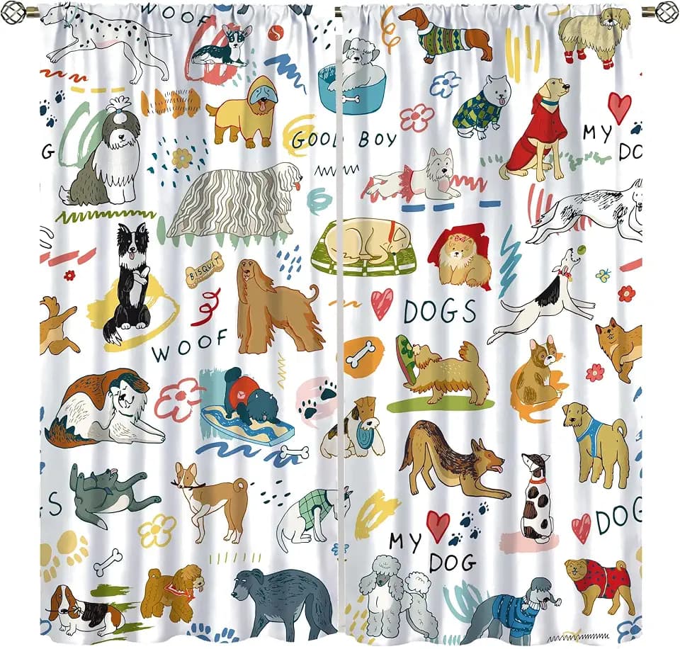 Dog Curtains for Bedroom,Cartoon Funny Quirky Cute Dog Bone Paw Prints Different Kinds of Loyal Pet Dogs Dogs Window Drapes Print for Boys Girls Living Room Dog House 42x45in（No Blackout）