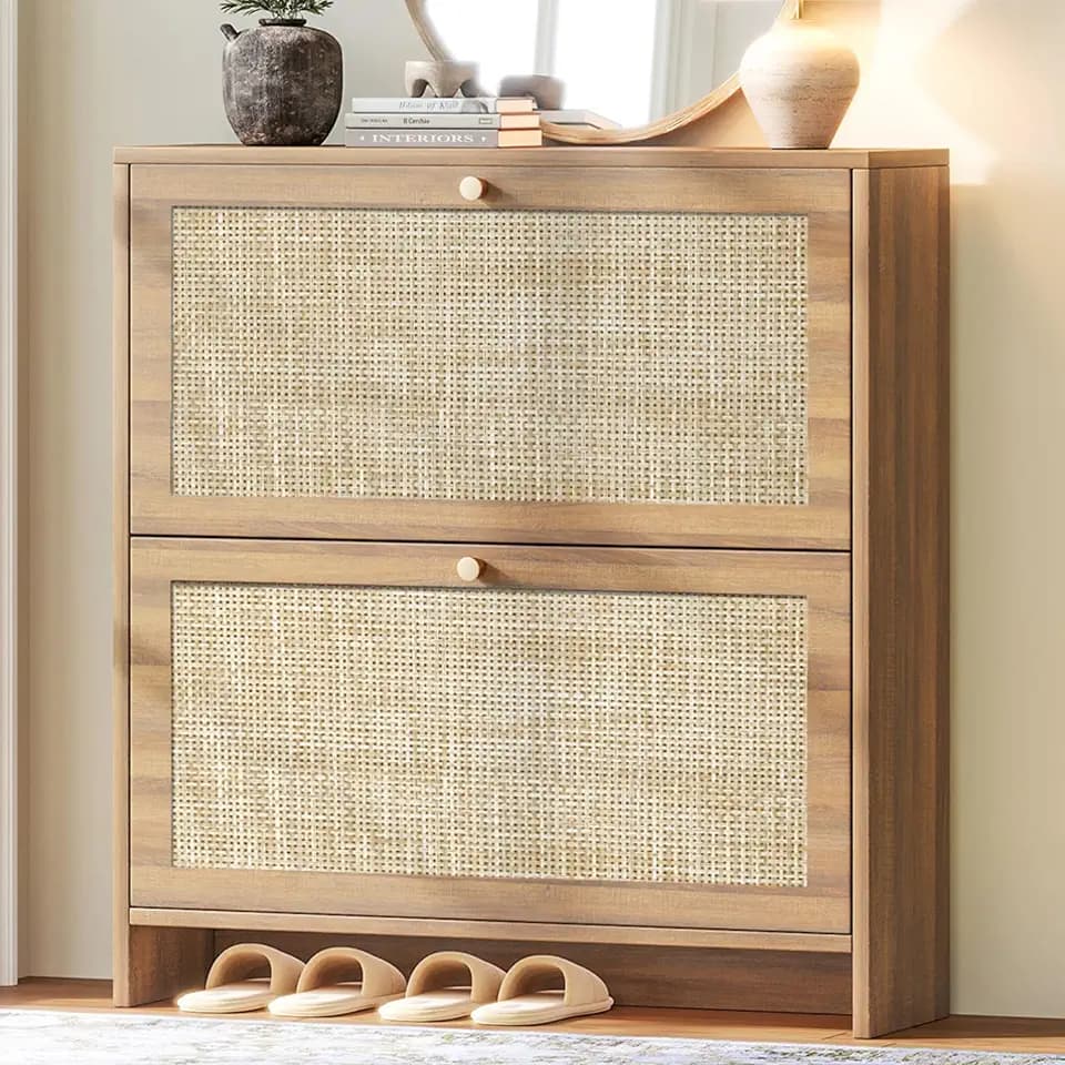 Nicetree Shoe Storage Cabinet for Entryway, Slim Shoe Rack with 2 Flip Drawers, Modern Boho Square Cane Engineered Wood Storage Cabinets, Narrow Shoe Organizer, Caramel