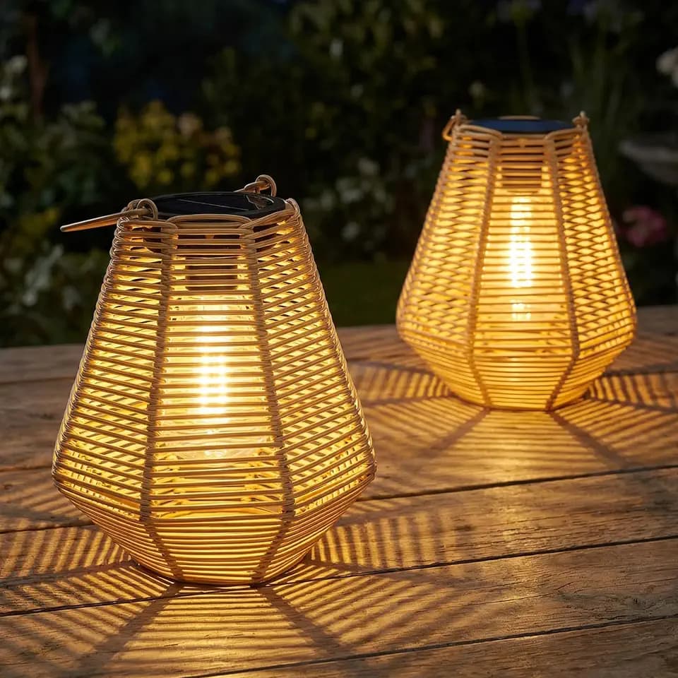 pearlstar Solar Lanterns Outdoor 2 Pack Rattan Hanging & Table Decor Lights