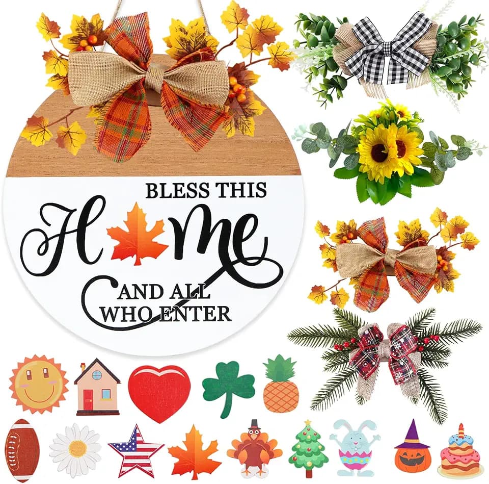 Interchangeable Welcome Sign for Front Door with 4 Seasonal Wreath and 14 Changeable Icons, Bless This Home for Spring Summer Fall Winter All Seasons Holiday, Rustic Round Wood Wreath Door Decoration