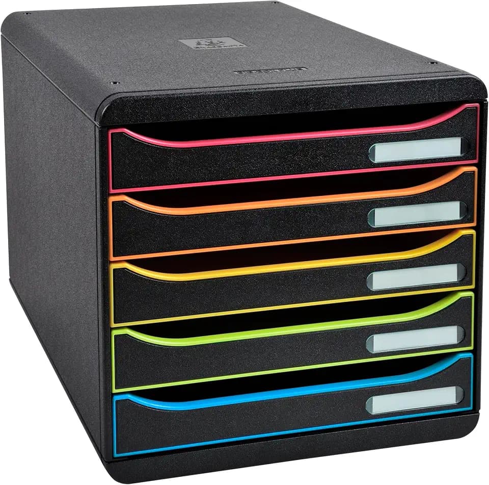 Exacompta 309914D Premium Ablagebox mit 5 Schubladen für DIN A4+ Dokumente. Stapelbare Schubladenbox mit hoher Kapazität für mehr Platz auf dem Schreibtisch Big Box Plus Black Office Schwarz-Bunt