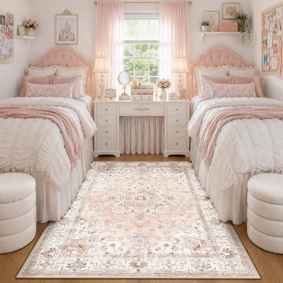 CAPALOCA 4x6 Washable Nursery Girls Low Pile Area Rug Pink