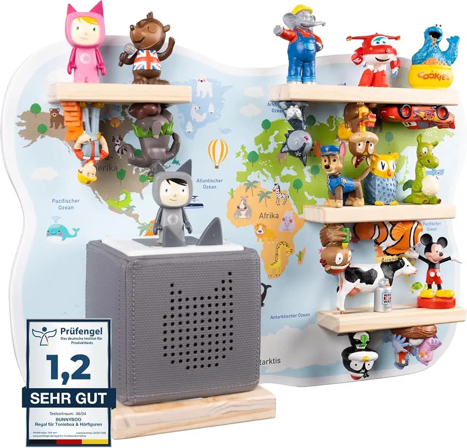 bunnyboo Toniebox Regal - für Toniebox und Figuren - ausreichend Platz für bis zu 32 Tonie Hörfiguren - Weltkarte - geprüfte Qualität - Für Junge und Mädchen
