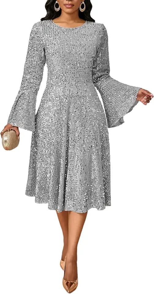Women's Round Neck Sequin A Line Dress Long Bell Sleeve Midi Dress
