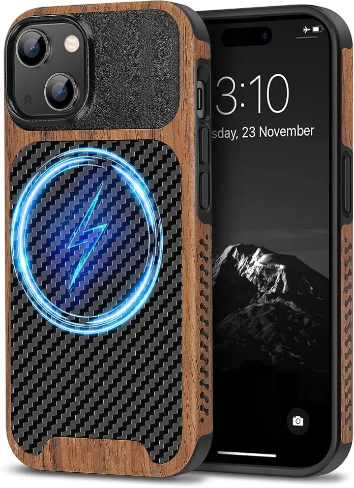 TENDLIN Magnetic Case Compatible with iPhone 15 Case Wood Grain with Carbon Fiber Texture Design Leather Hybrid Slim Cover (Compatible with MagSafe) Black