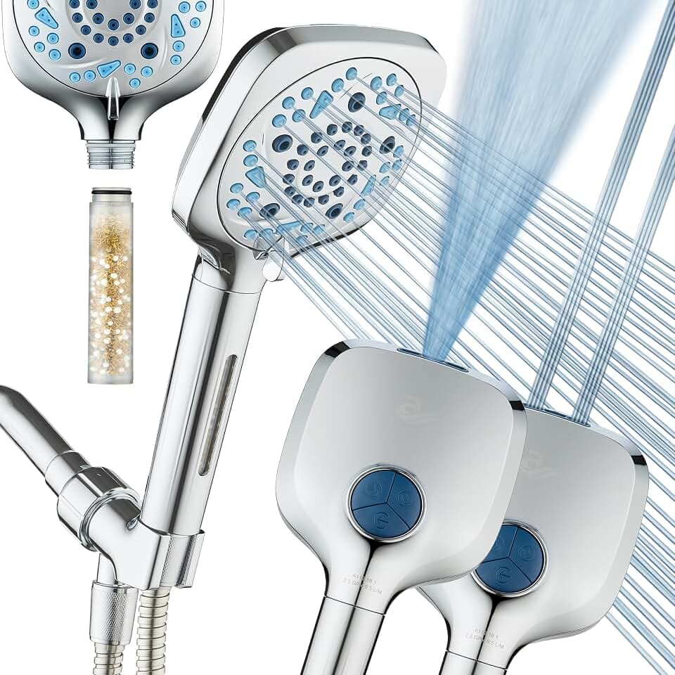 AquaCare High Pressure 10 Spray Mode Filtered Showerhead - Handheld Shower Head Filters Chlorine to Heal Dry Skin, Revive Hair - Dual Power Wash Cleans Tub, Tile, Pets - Hard Water Softener, Chrome