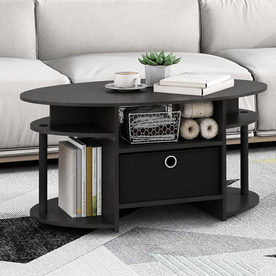 Furinno Jaya Oval Modern Brown Coffee Table with Side Shelves and Storage Bin, Side Table with Shelf, for Living Room, Bedroom, Home Office, Black Walnut