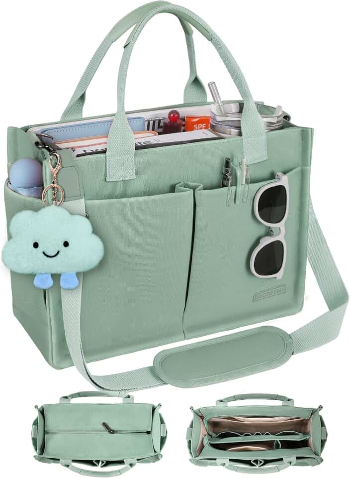 BESBESME Canvas Tote Bag for Women with Zipper, Work Laptop Purse with Compartments & Luggage Sleeve, Adjustable Strap