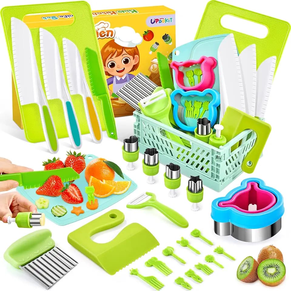 26-teiliges Kinder Küchenmesser für Echtes Kochen mit Faltbarer Aufbewahrungsbox, Schneidebrett, Upgrade Fruchtstäbchen, Sparschäler, ab 3 Jahre