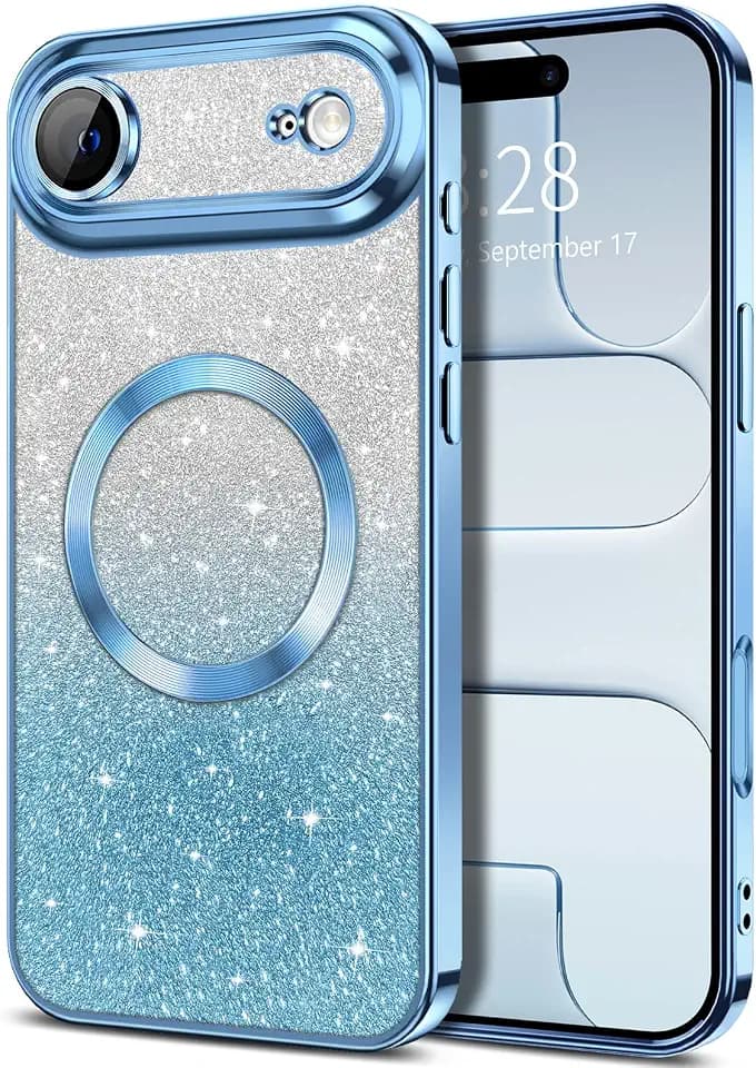 Hython for iPhone Air Case Glitter Clear Magnetic Phone Cases [Compatible with MagSafe] Full Camera Lens Protector Sparkle Luxury Plating Slim Shockproof Protective Cover, Gradient Light Blue