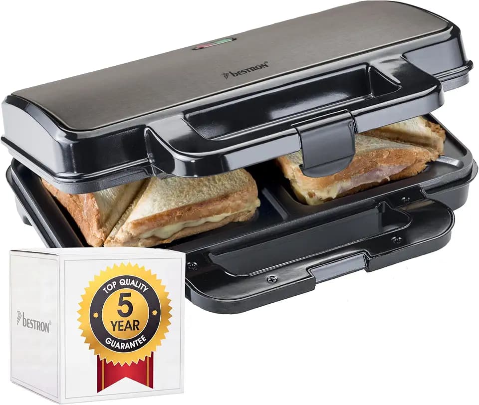 Bestron XL Sandwichmaker, Antihaftbeschichteter Sandwich-Toaster für 2 Sandwiches, inkl. automatischer Temperaturregelung & Bereitschaftsanzeige, 900 Watt, Farbe: Titangrau